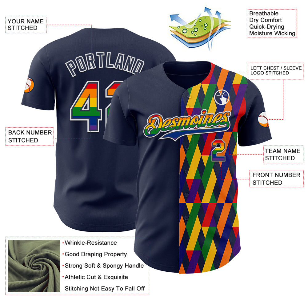 Custom Navy Rainbow-White Valentine's Day Pride Month Love Is Love Authentic Baseball Jersey view 3