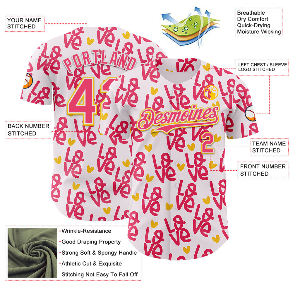 Custom Light Pink Neon Pink Yellow-White Valentine's Day Love Heart Authentic Baseball Jersey view 3