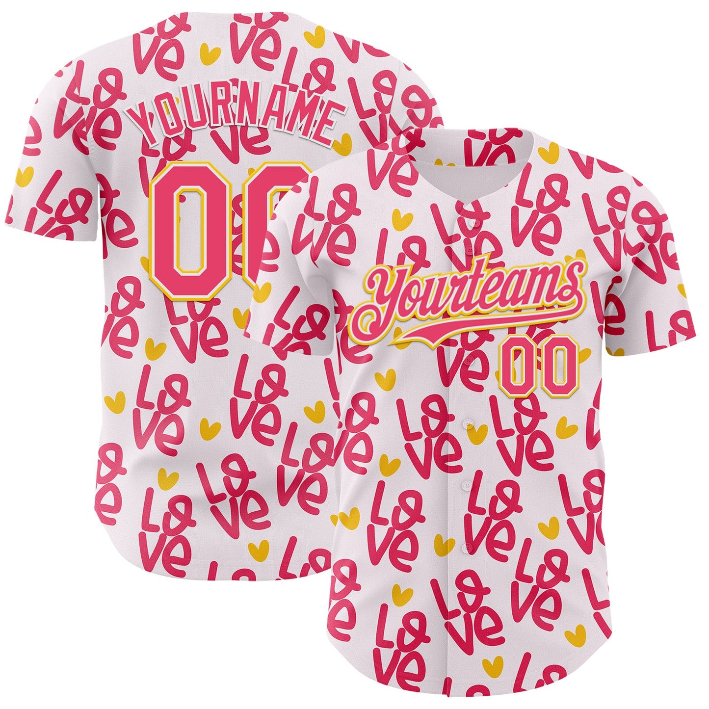 Custom Light Pink Neon Pink Yellow-White Valentine's Day Love Heart Authentic Baseball Jersey - Main View