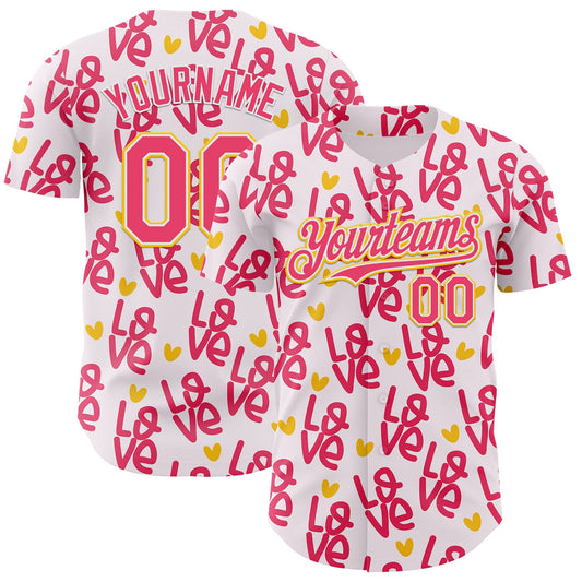 Custom Light Pink Neon Pink Yellow-White Valentine's Day Love Heart Authentic Baseball Jersey - Main View