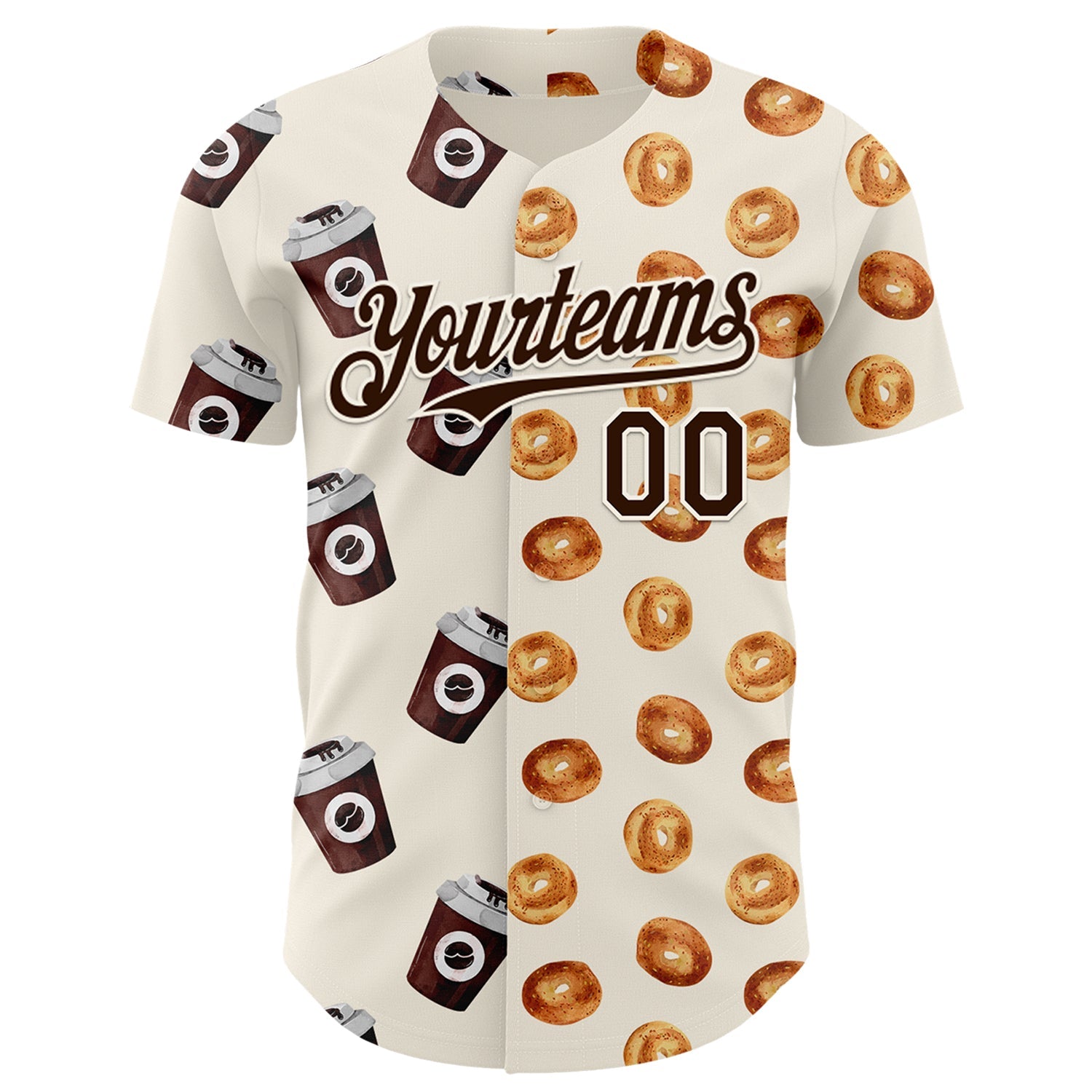 Custom Cream Brown Valentine's Day Bagel Meets Coffee Authentic Baseball Jersey view 2