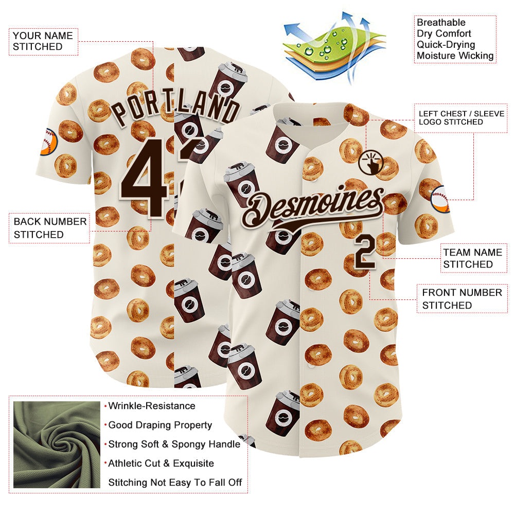 Custom Cream Brown Valentine's Day Bagel Meets Coffee Authentic Baseball Jersey view 3