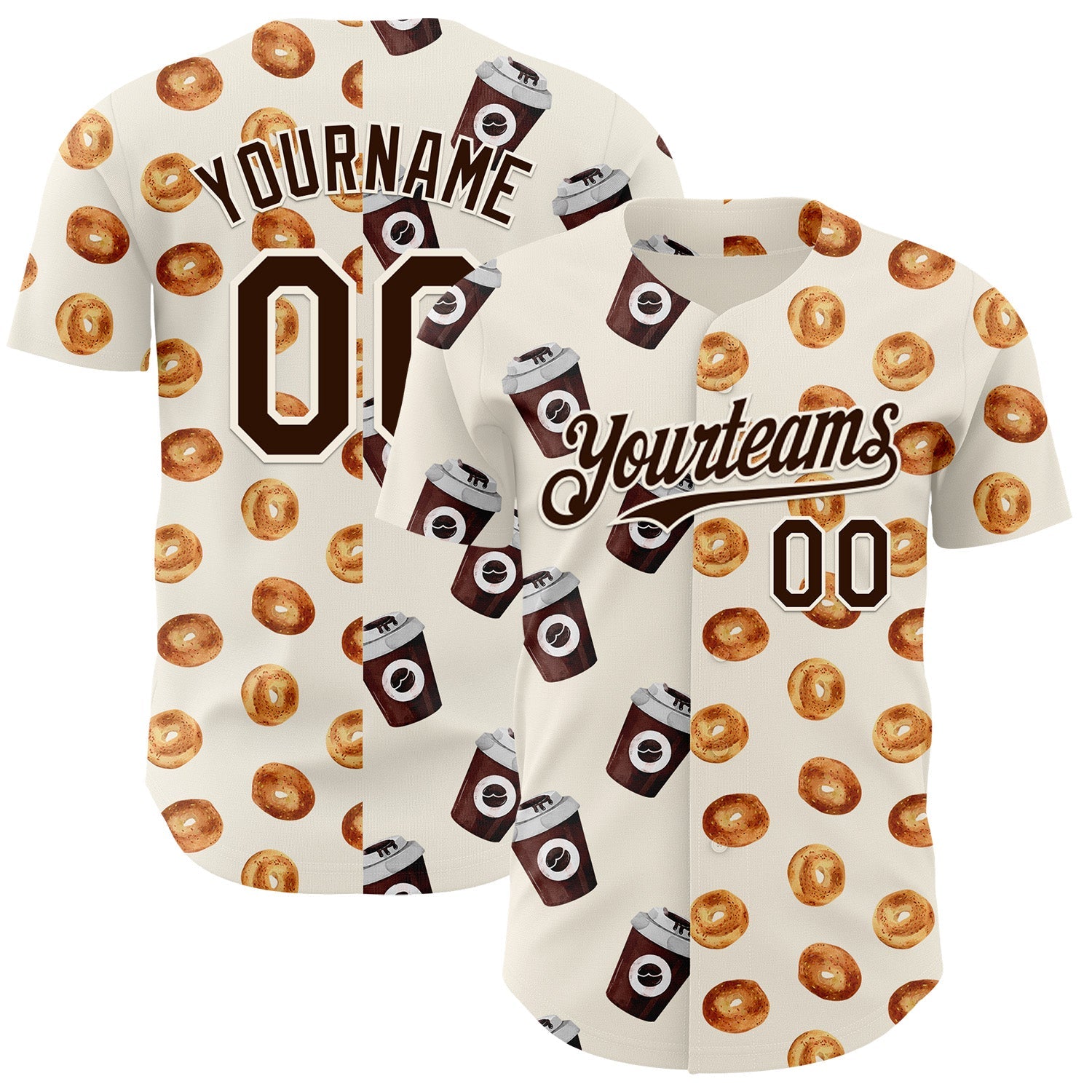 Custom Cream Brown Valentine's Day Bagel Meets Coffee Authentic Baseball Jersey - Main View