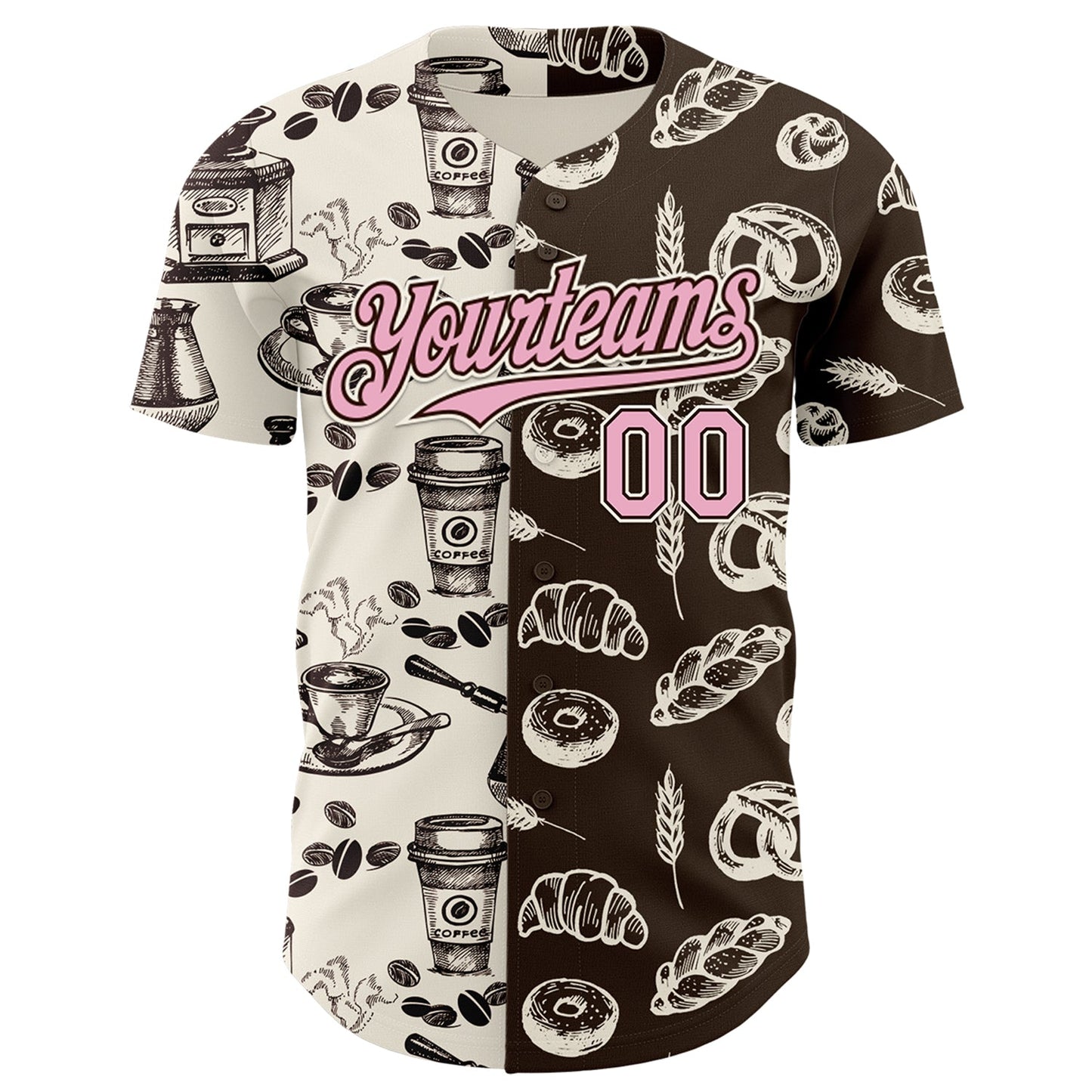 Custom Brown Light Pink-Cream Valentine's Day Bagel Meets Coffee Authentic Baseball Jersey view 2