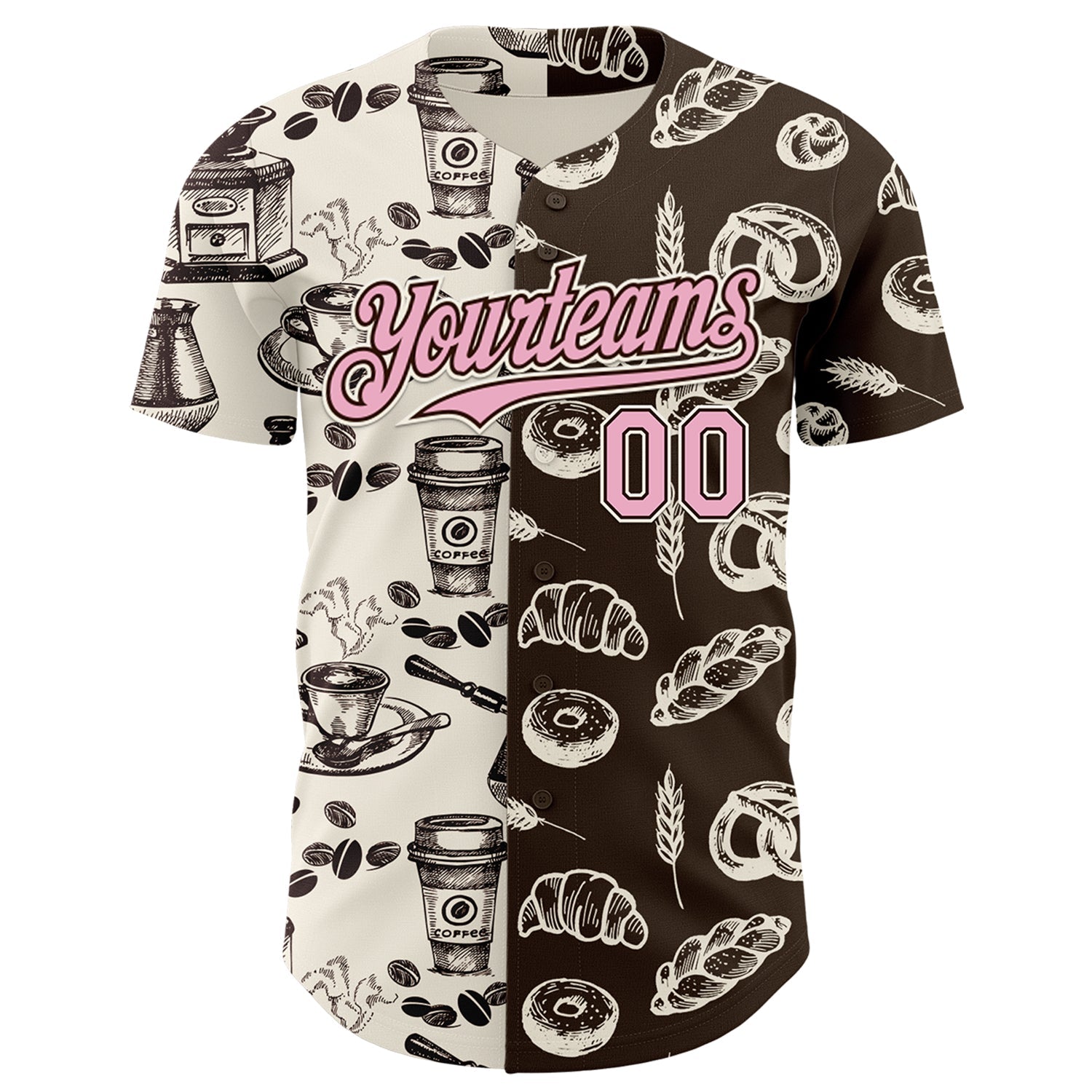 Custom Brown Light Pink-Cream Valentine's Day Bagel Meets Coffee Authentic Baseball Jersey view 2