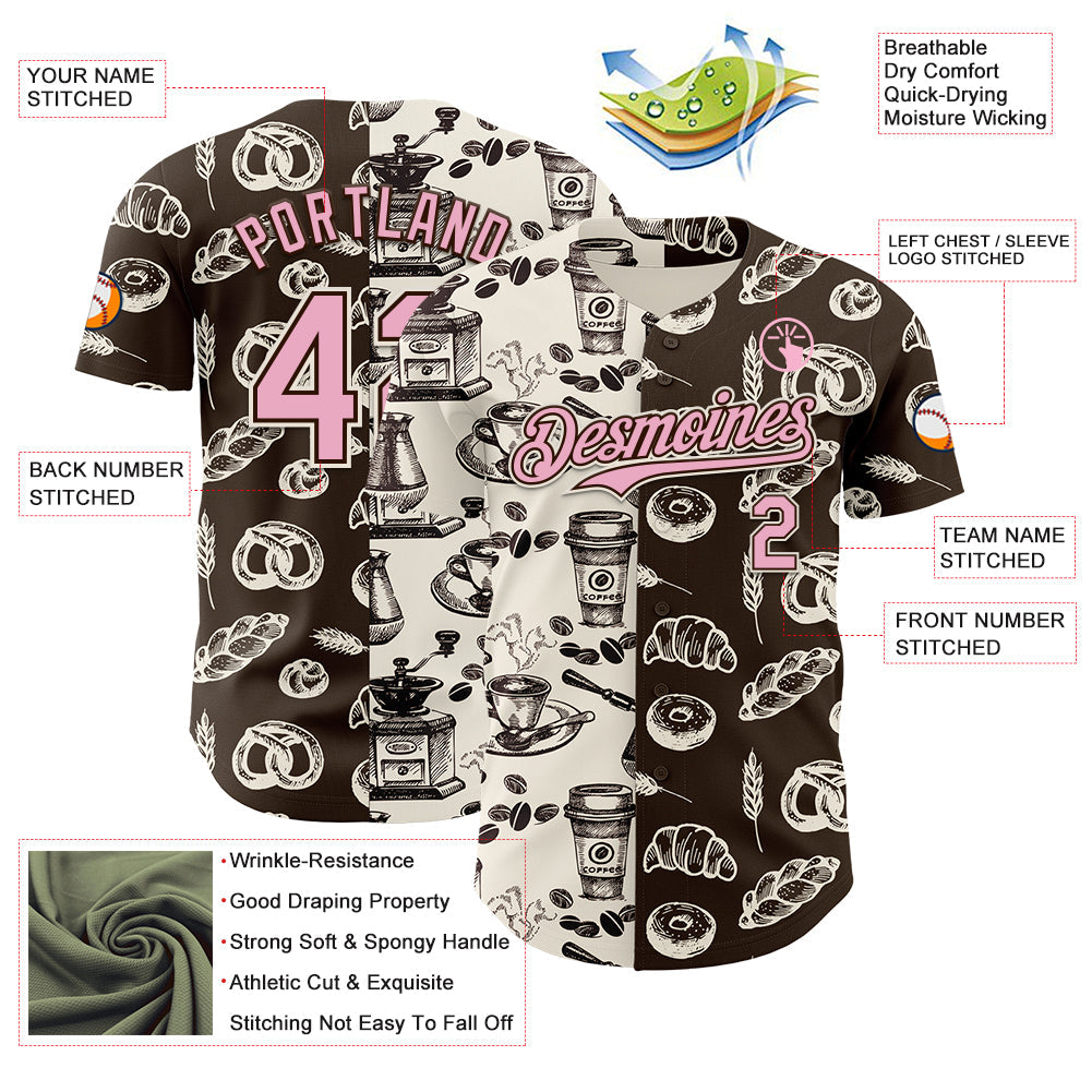 Custom Brown Light Pink-Cream Valentine's Day Bagel Meets Coffee Authentic Baseball Jersey view 3