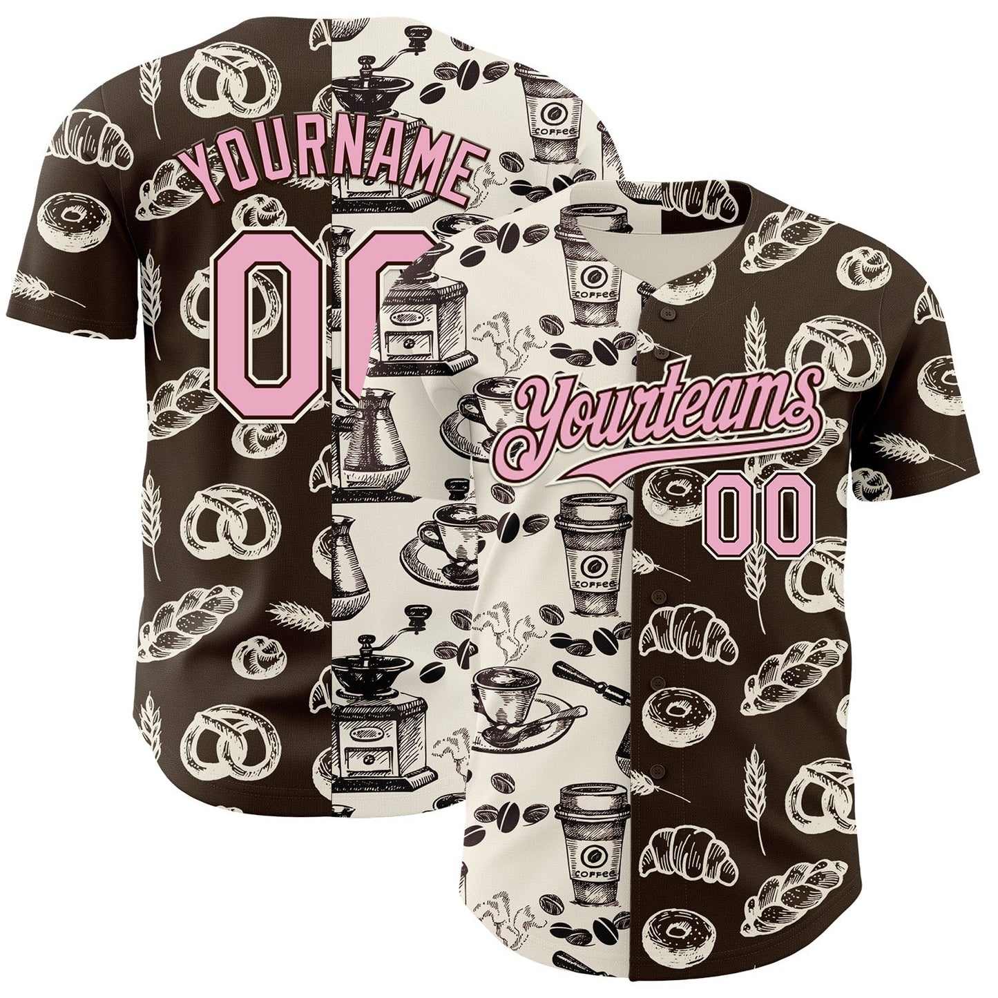 Custom Brown Light Pink-Cream Valentine's Day Bagel Meets Coffee Authentic Baseball Jersey - Main View