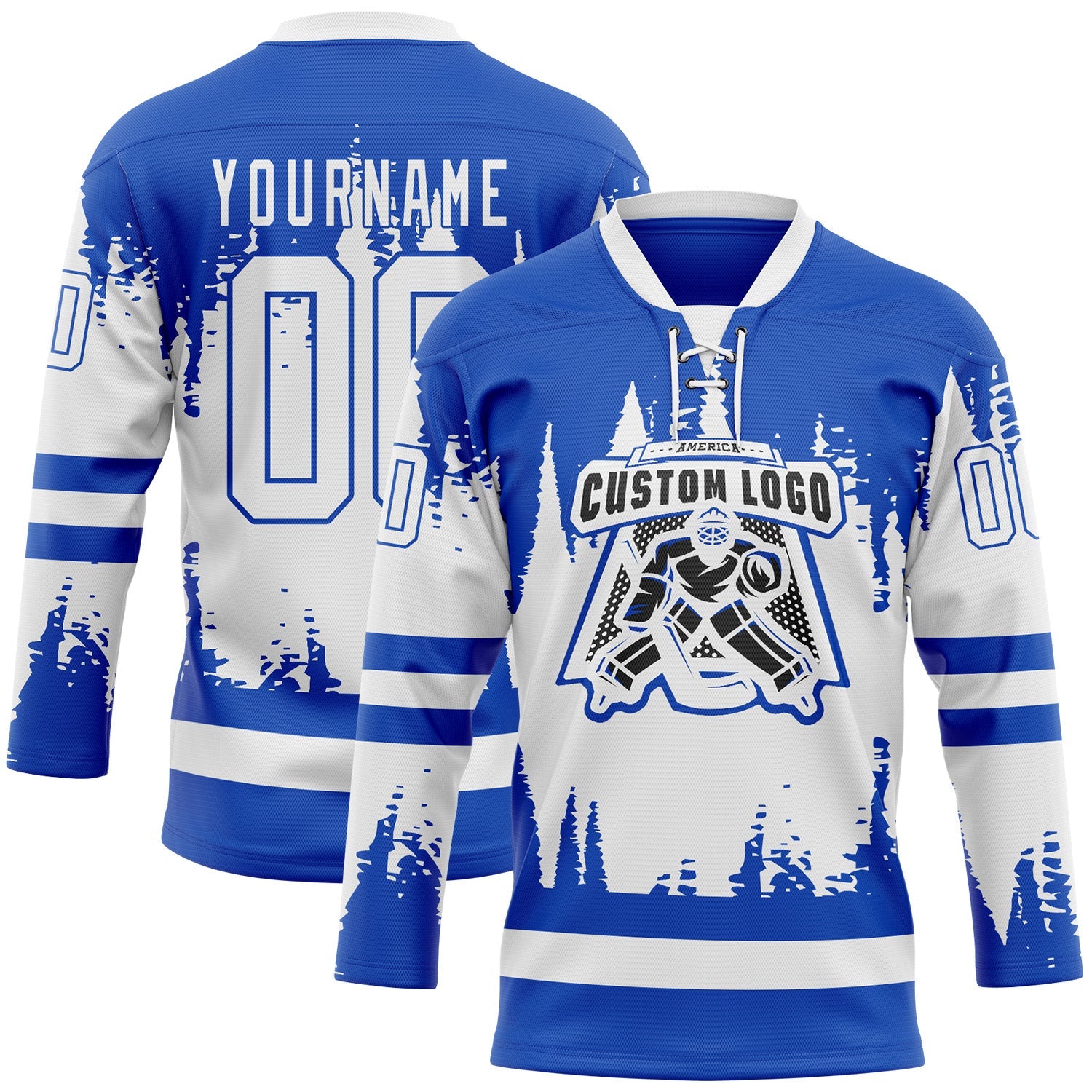 Custom Thunder Blue White Abstract Splatter Paint Hockey Lace Neck Jersey view 2