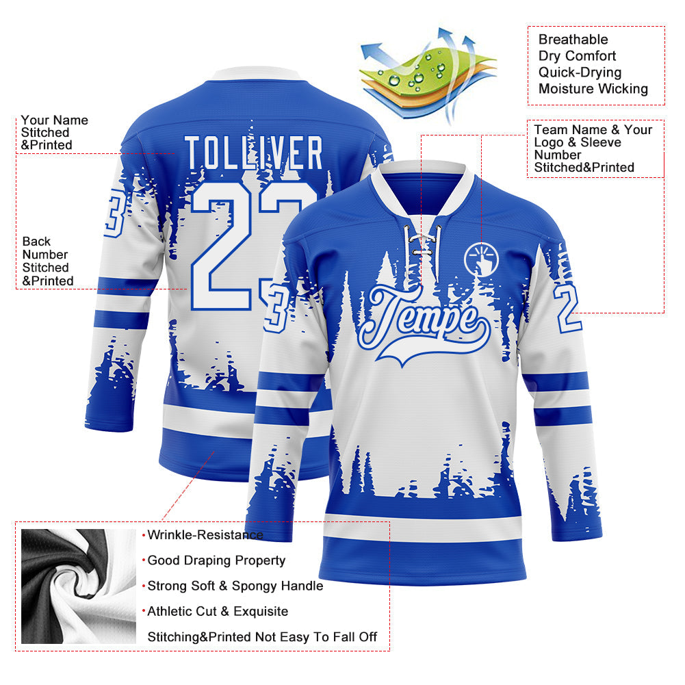 Custom Thunder Blue White Abstract Splatter Paint Hockey Lace Neck Jersey view 5