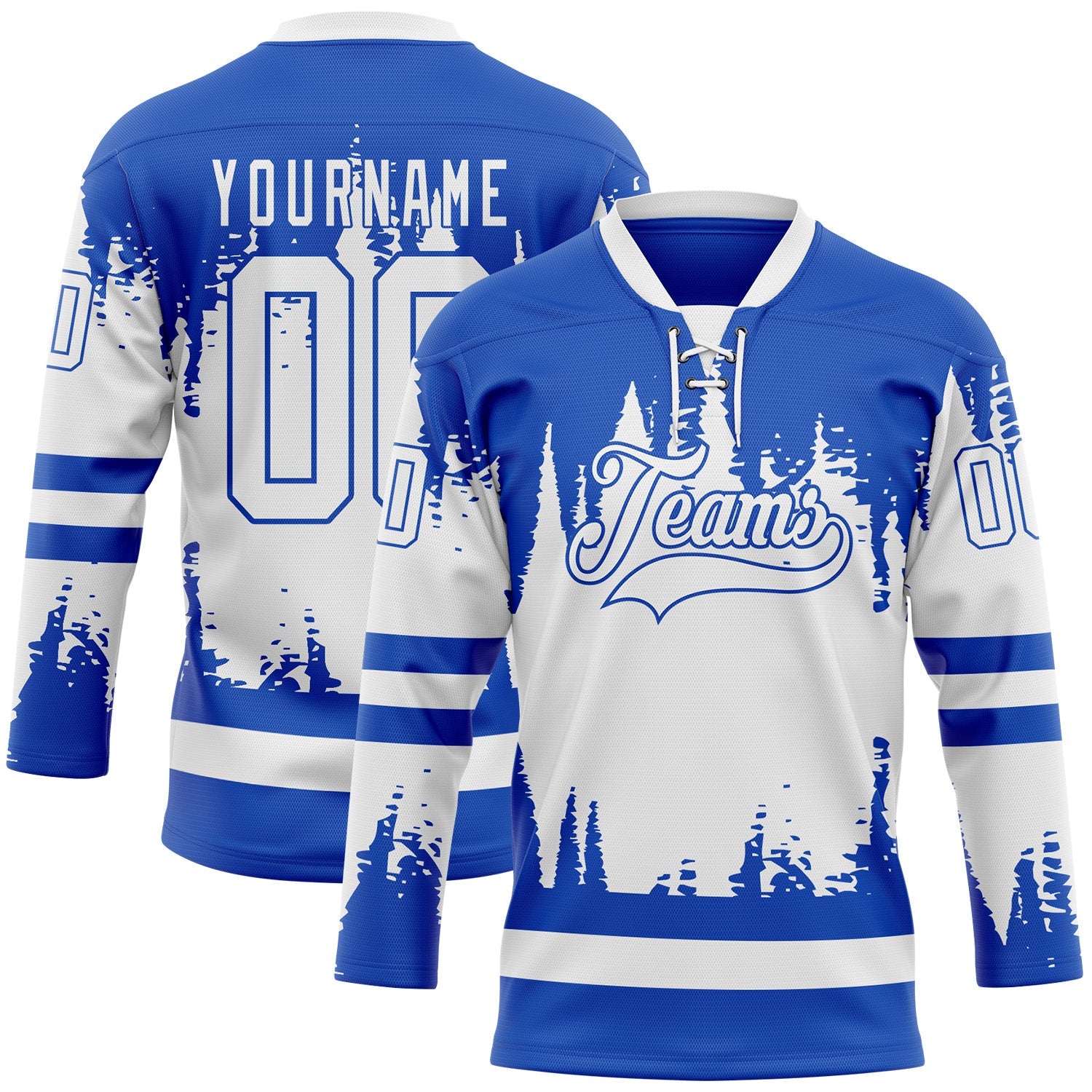 Custom Thunder Blue White Abstract Splatter Paint Hockey Lace Neck Jersey - Main View
