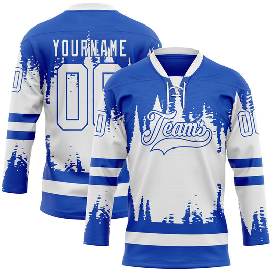 Custom Thunder Blue White Abstract Splatter Paint Hockey Lace Neck Jersey - Main View