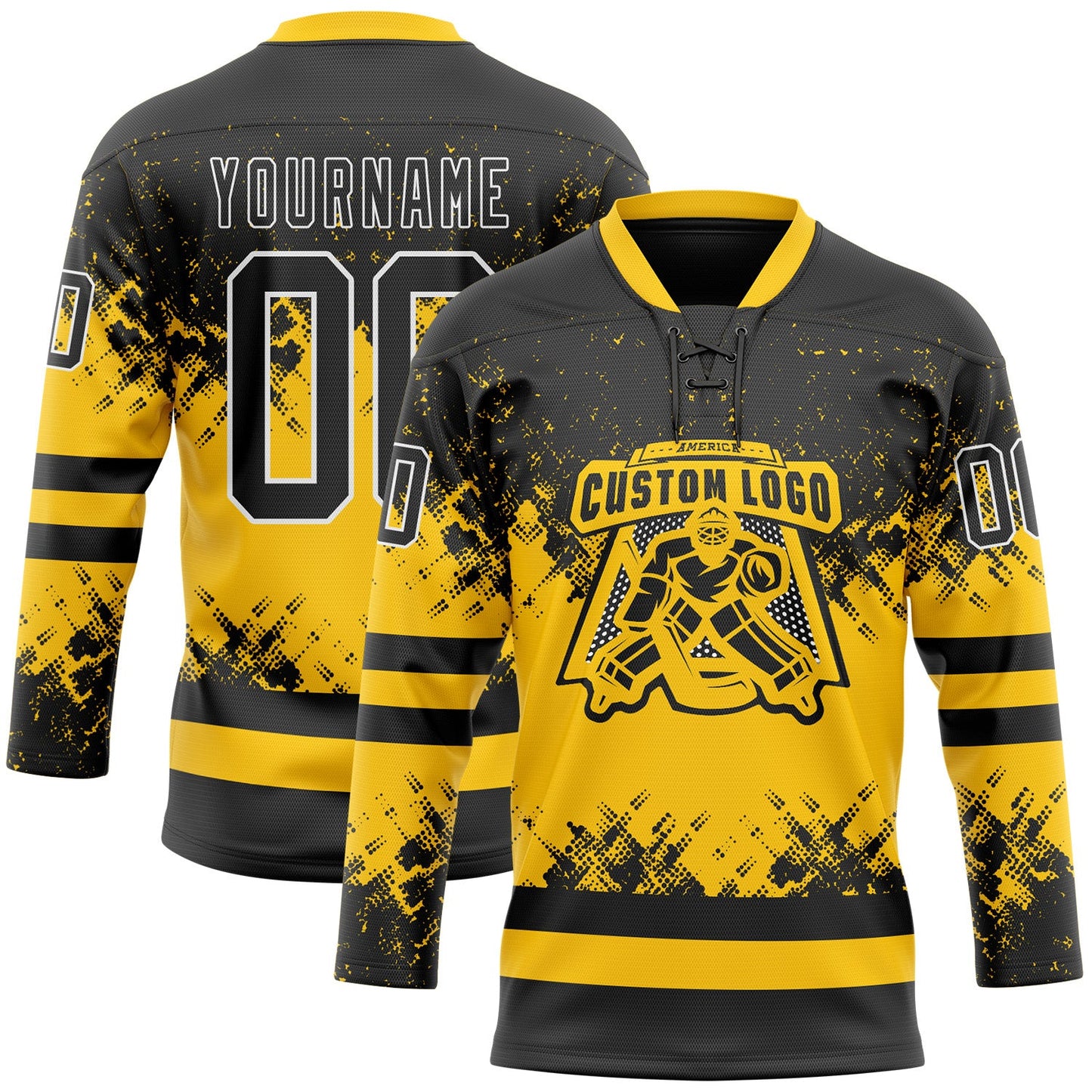 Custom Black Yellow-White Abstract Splatter Paint Hockey Lace Neck Jersey view 2