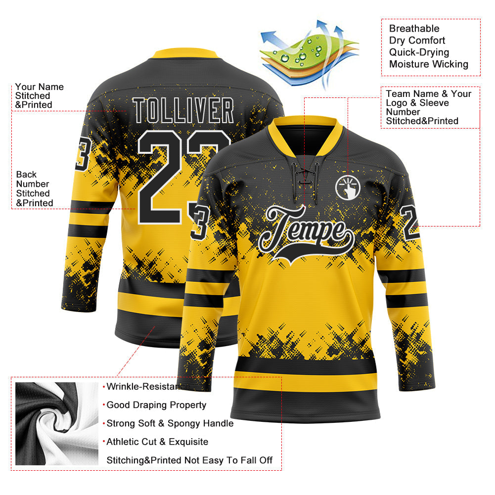 Custom Black Yellow-White Abstract Splatter Paint Hockey Lace Neck Jersey view 5
