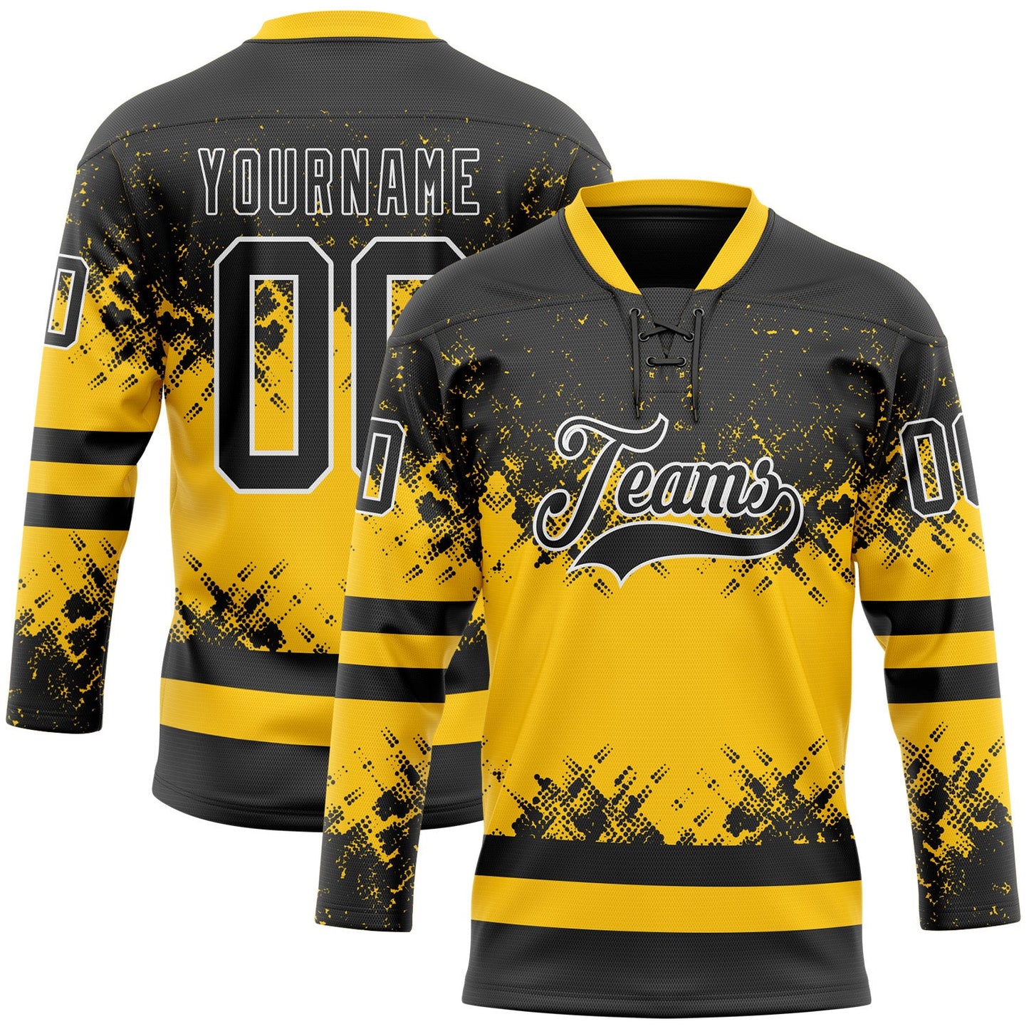 Custom Black Yellow-White Abstract Splatter Paint Hockey Lace Neck Jersey - Main View
