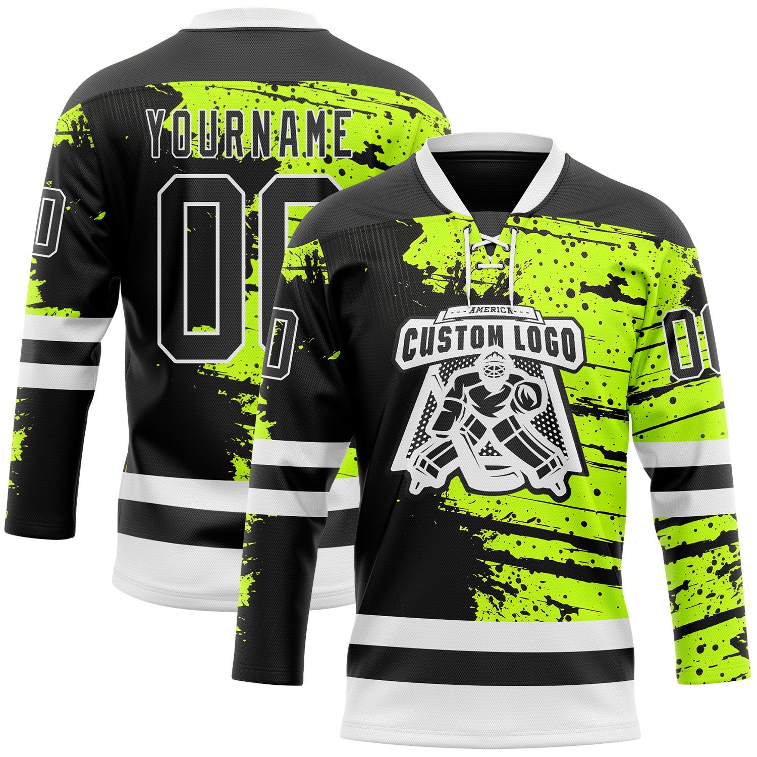 Custom Black Green-White Abstract Splatter Paint Hockey Lace Neck Jersey view 2