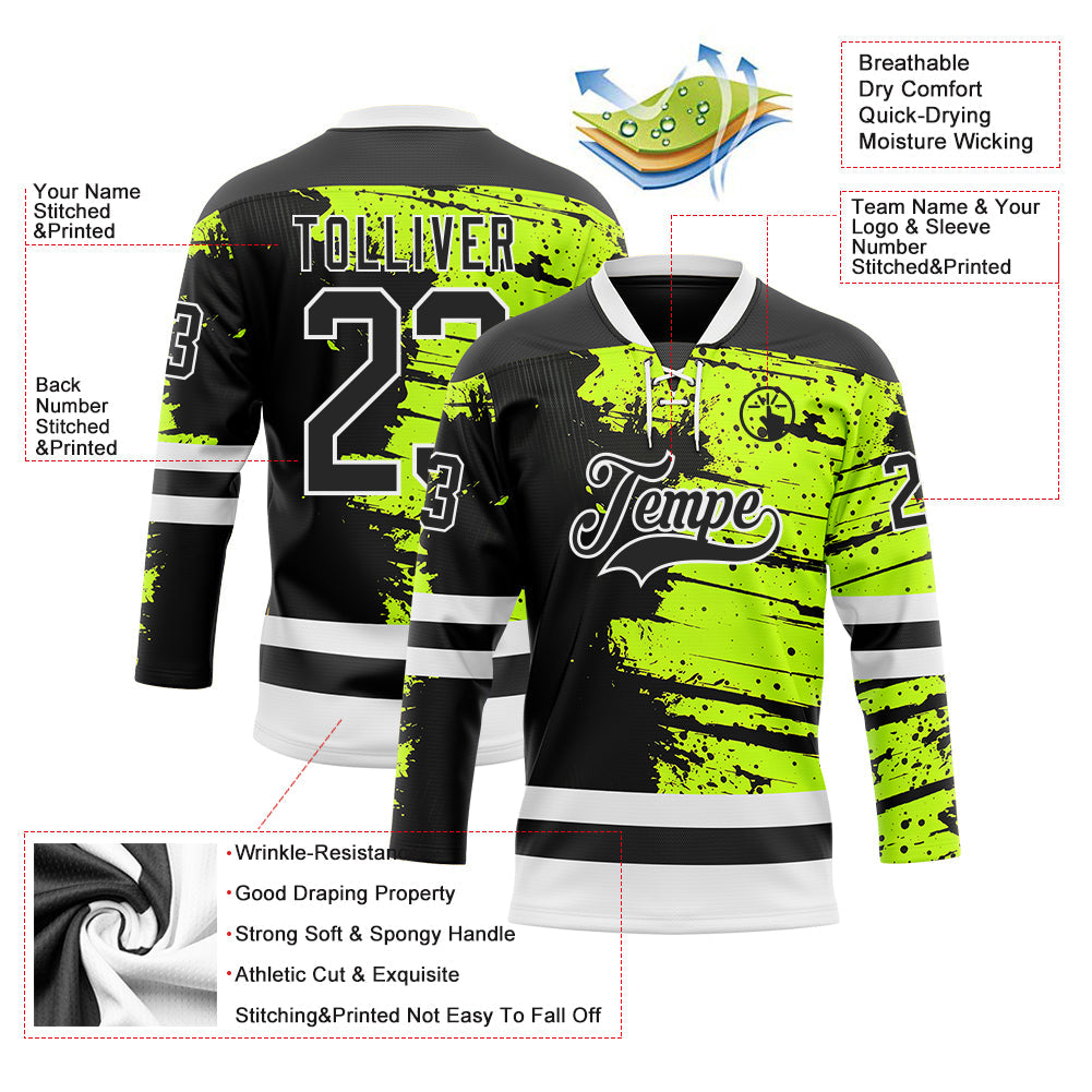 Custom Black Green-White Abstract Splatter Paint Hockey Lace Neck Jersey view 5