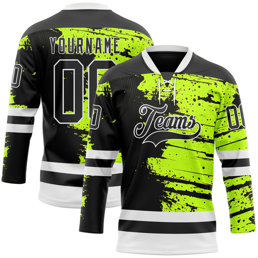 Custom Black Green-White Abstract Splatter Paint Hockey Lace Neck Jersey - Main View