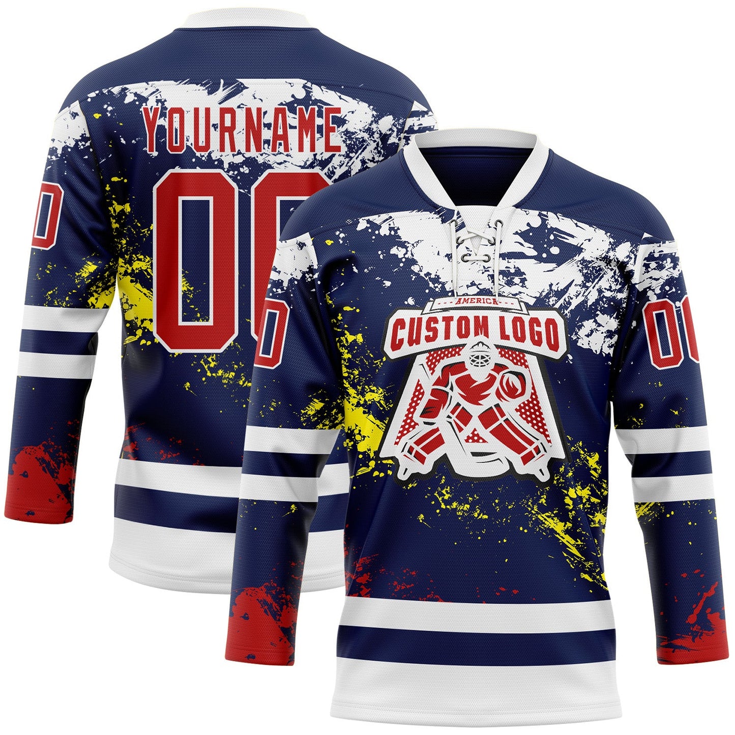 Custom Navy Red Yellow-White Abstract Splatter Paint Hockey Lace Neck Jersey view 2