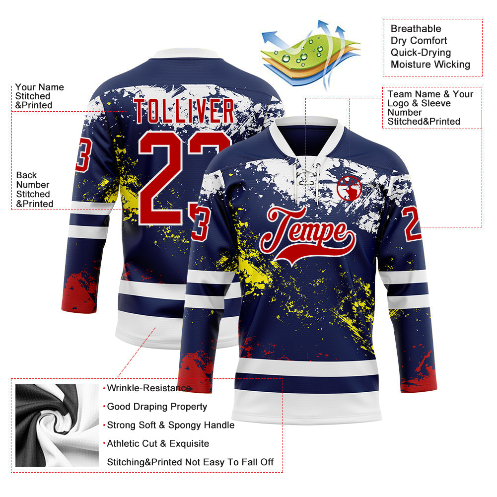 Custom Navy Red Yellow-White Abstract Splatter Paint Hockey Lace Neck Jersey view 5