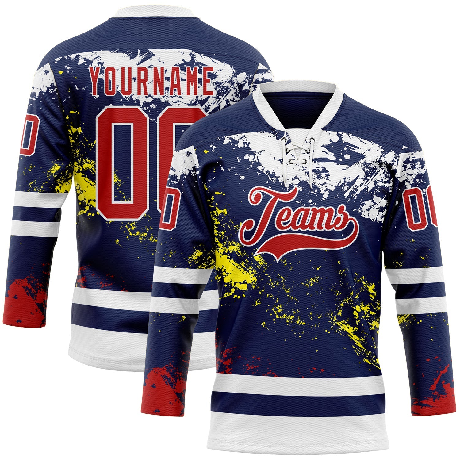 Custom Navy Red Yellow-White Abstract Splatter Paint Hockey Lace Neck Jersey - Main View