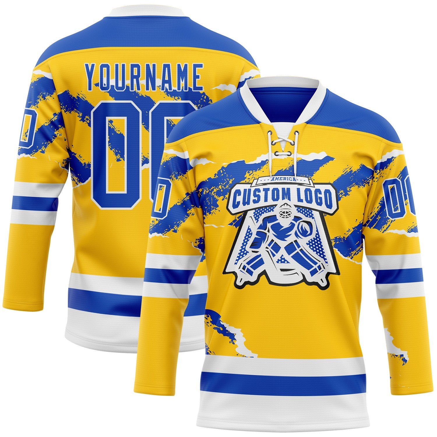 Custom Yellow Thunder Blue-White Abstract Splatter Paint Torn Paper Style Hockey Lace Neck Jersey view 2