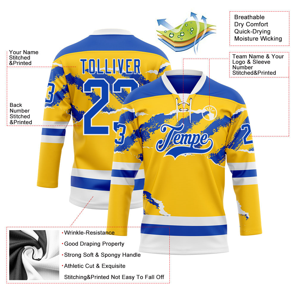 Custom Yellow Thunder Blue-White Abstract Splatter Paint Torn Paper Style Hockey Lace Neck Jersey view 5