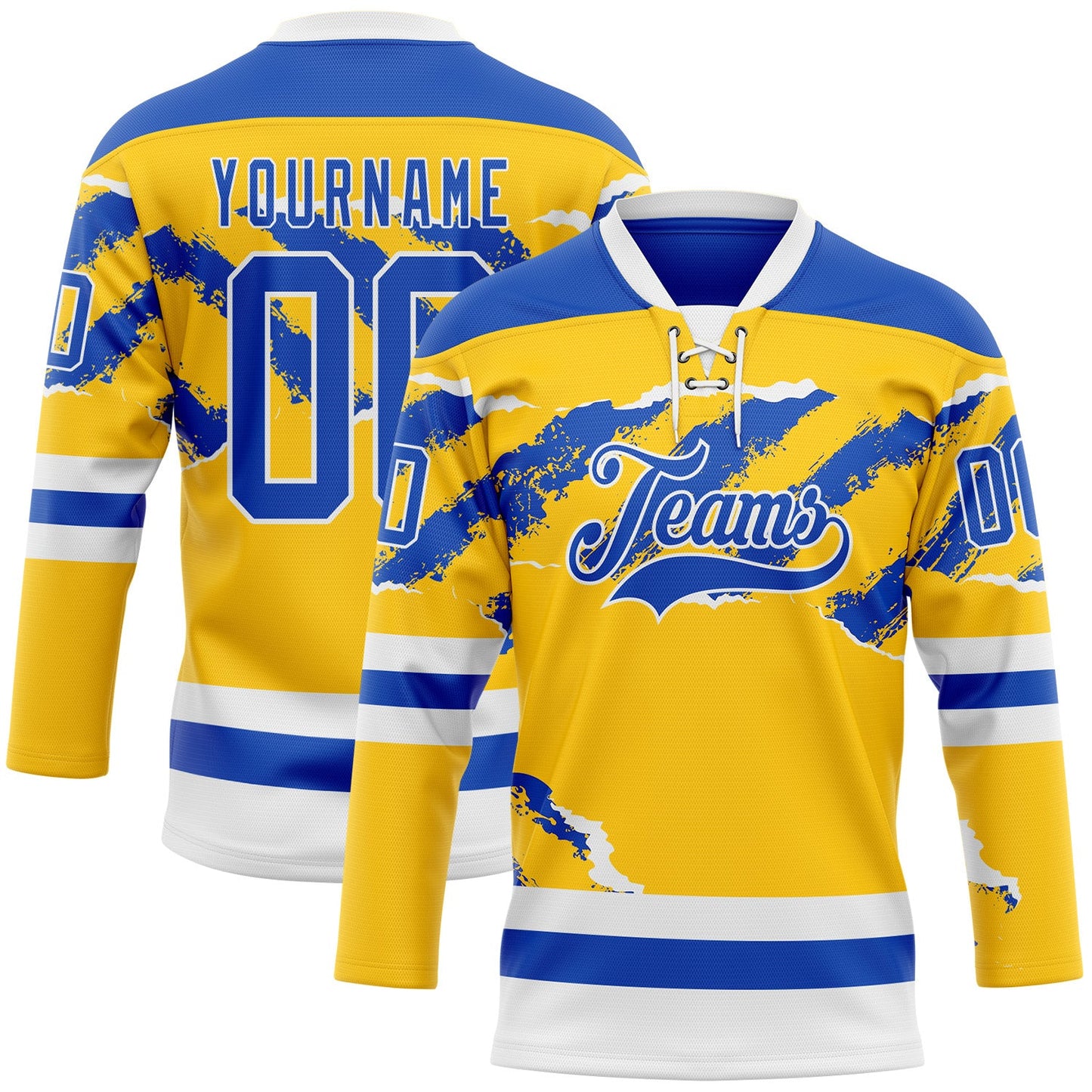 Custom Yellow Thunder Blue-White Abstract Splatter Paint Torn Paper Style Hockey Lace Neck Jersey - Main View