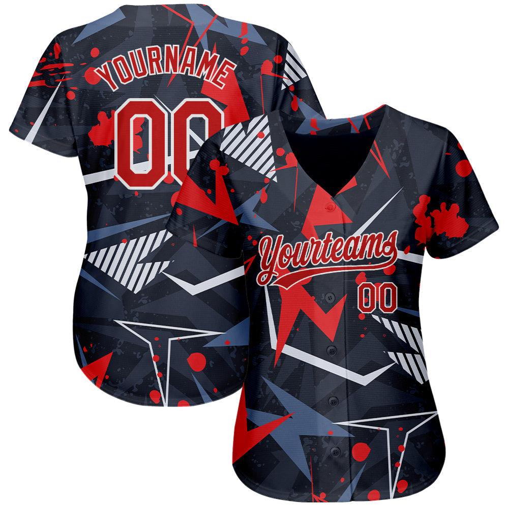Custom Black Red-White 3D Pattern Design Authentic Baseball Jersey view 2