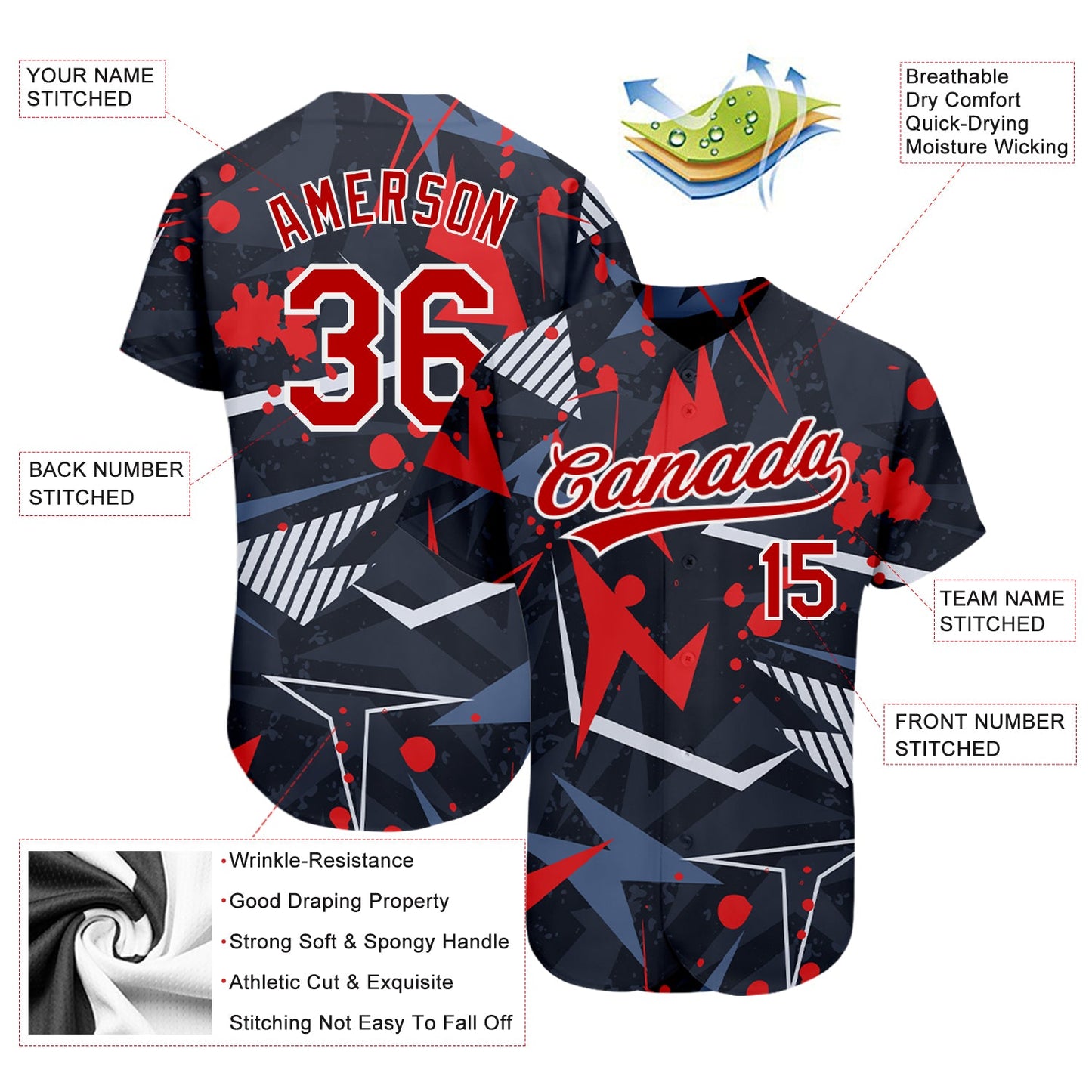 Custom Black Red-White 3D Pattern Design Authentic Baseball Jersey view 3