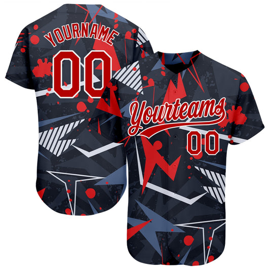 Custom Black Red-White 3D Pattern Design Authentic Baseball Jersey - Main View