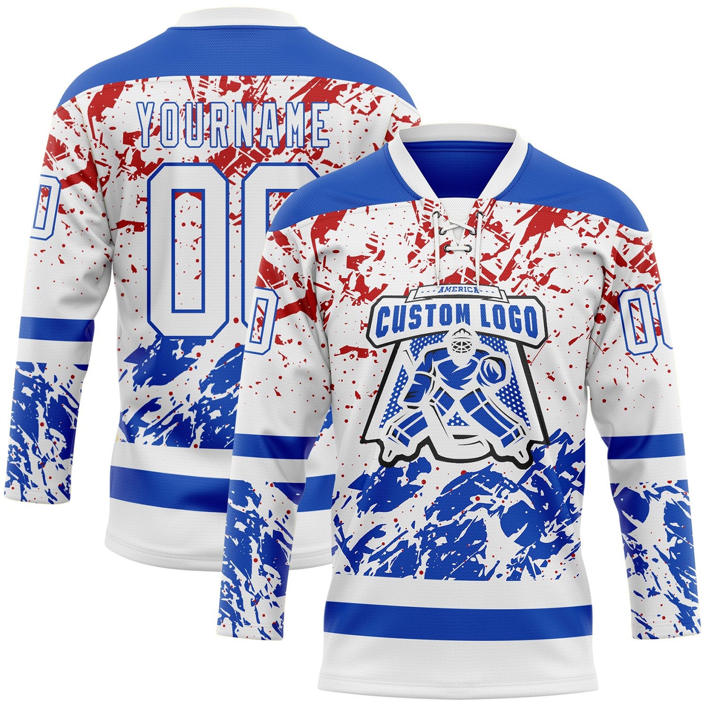 Custom White Thunder Blue-Red Abstract Splatter Paint Hockey Lace Neck Jersey view 2