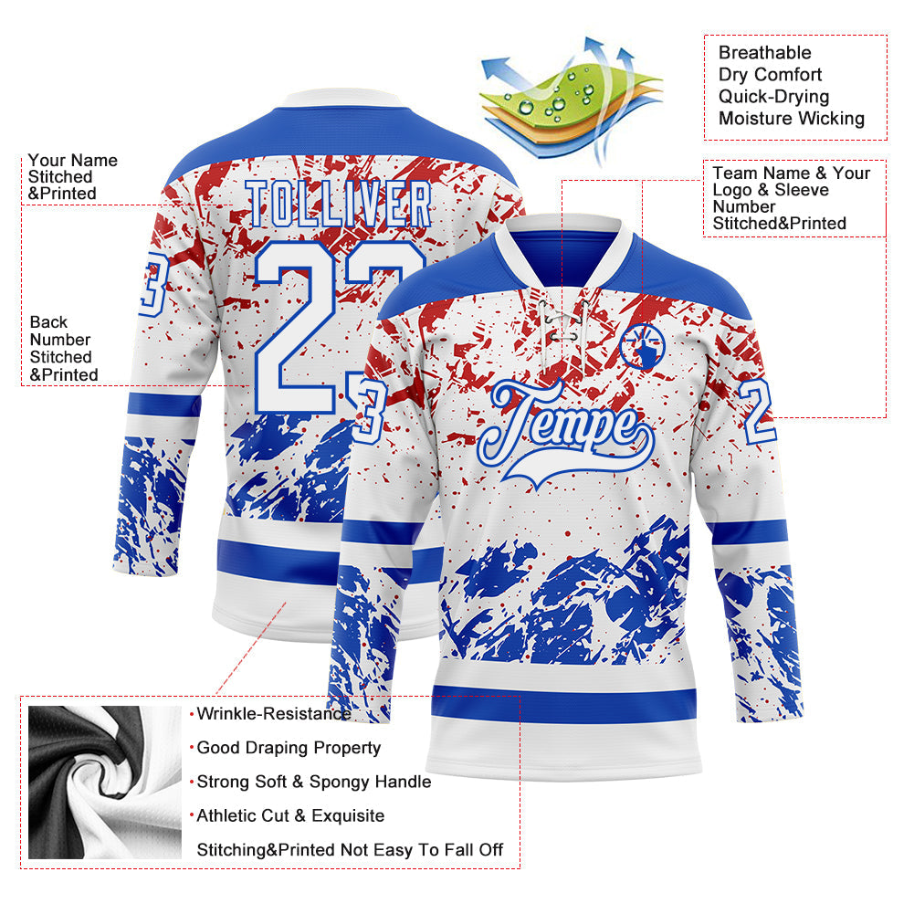 Custom White Thunder Blue-Red Abstract Splatter Paint Hockey Lace Neck Jersey view 5