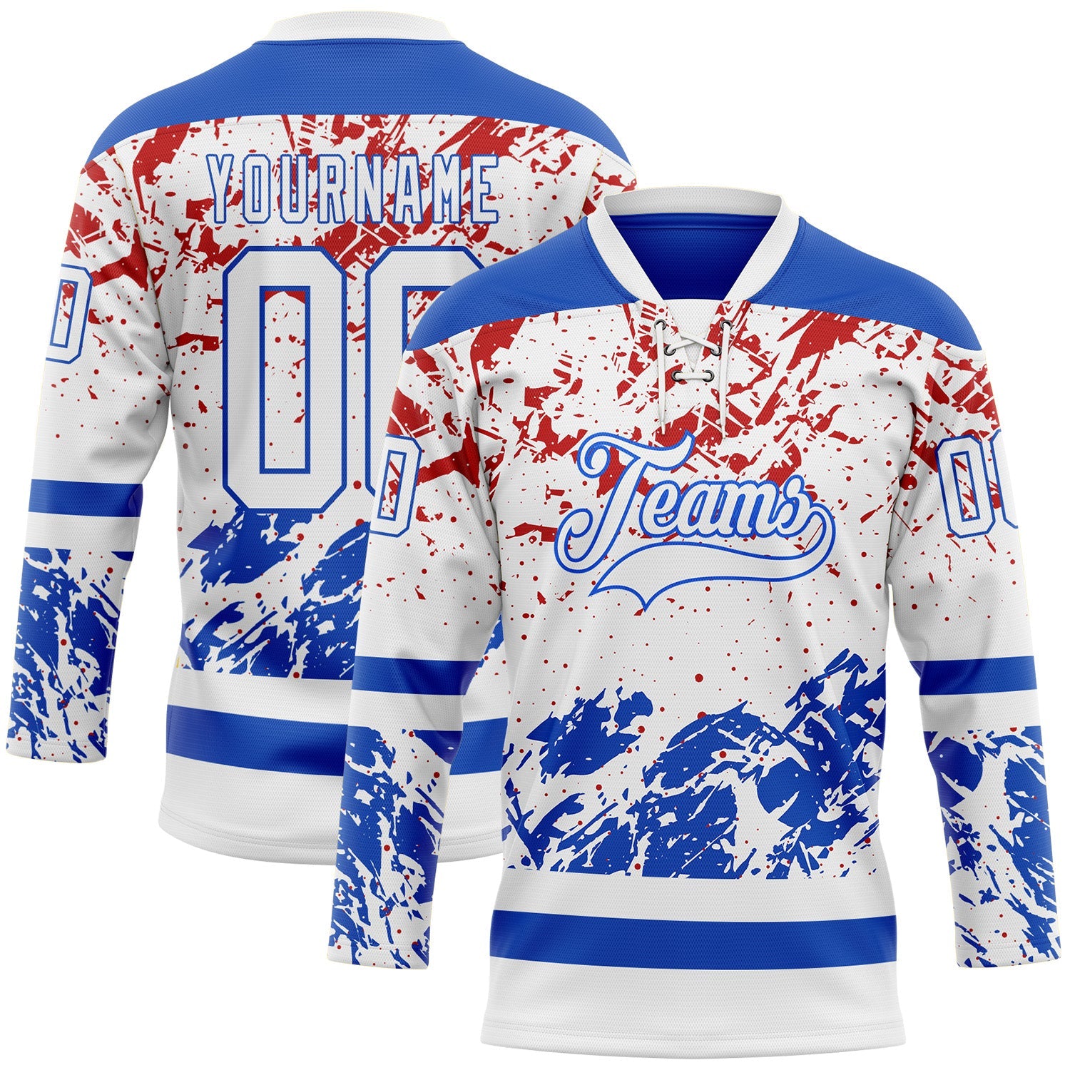 Custom White Thunder Blue-Red Abstract Splatter Paint Hockey Lace Neck Jersey - Main View