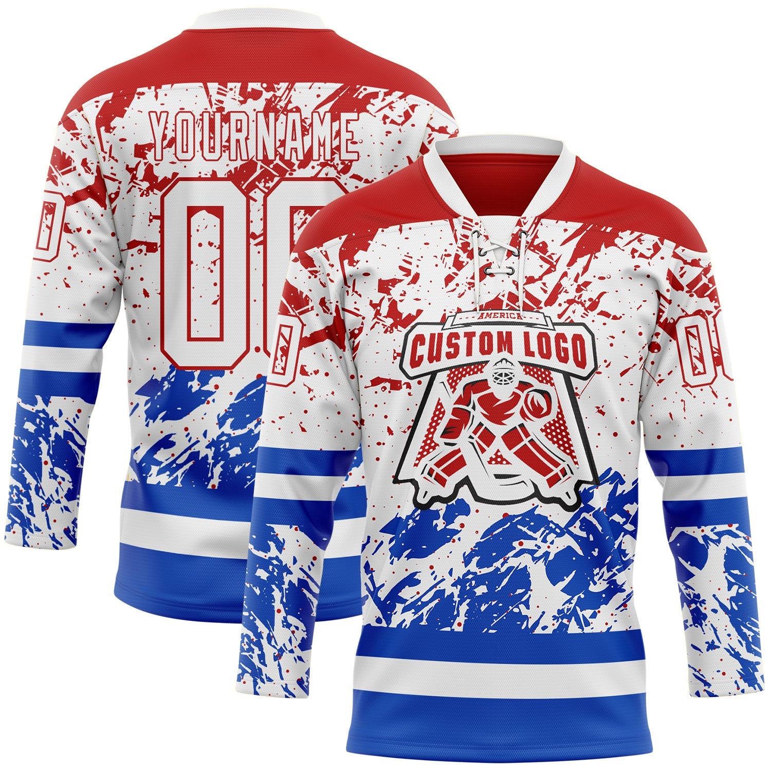 Custom White Red-Thunder Blue Abstract Splatter Paint Hockey Lace Neck Jersey view 2