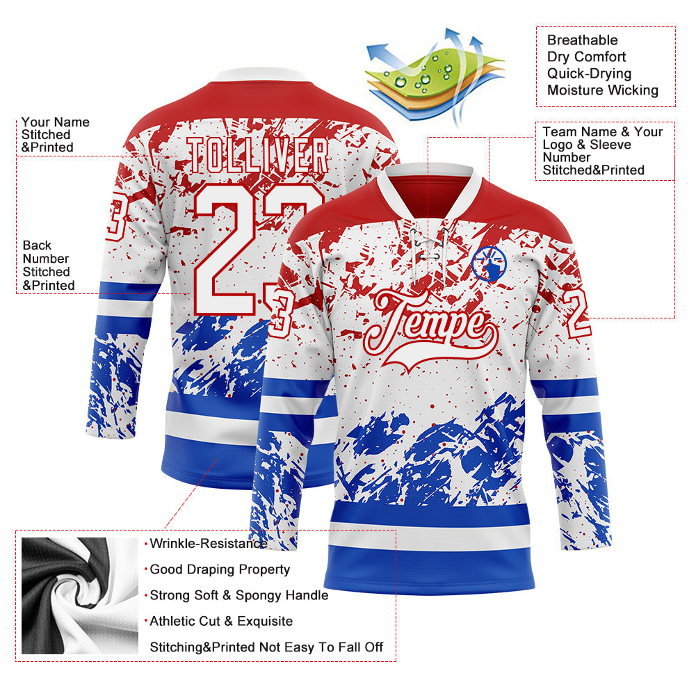 Custom White Red-Thunder Blue Abstract Splatter Paint Hockey Lace Neck Jersey view 5