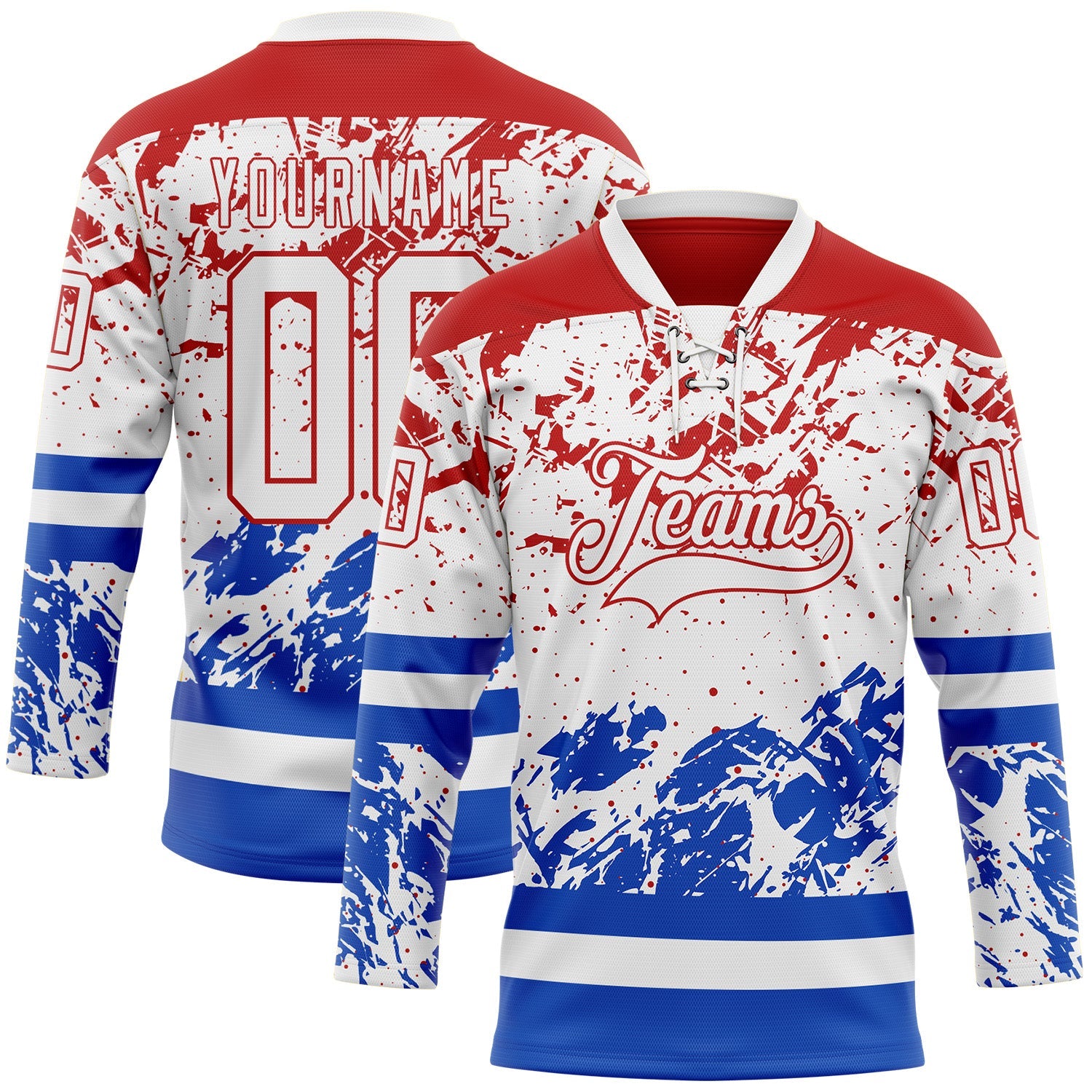Custom White Red-Thunder Blue Abstract Splatter Paint Hockey Lace Neck Jersey - Main View