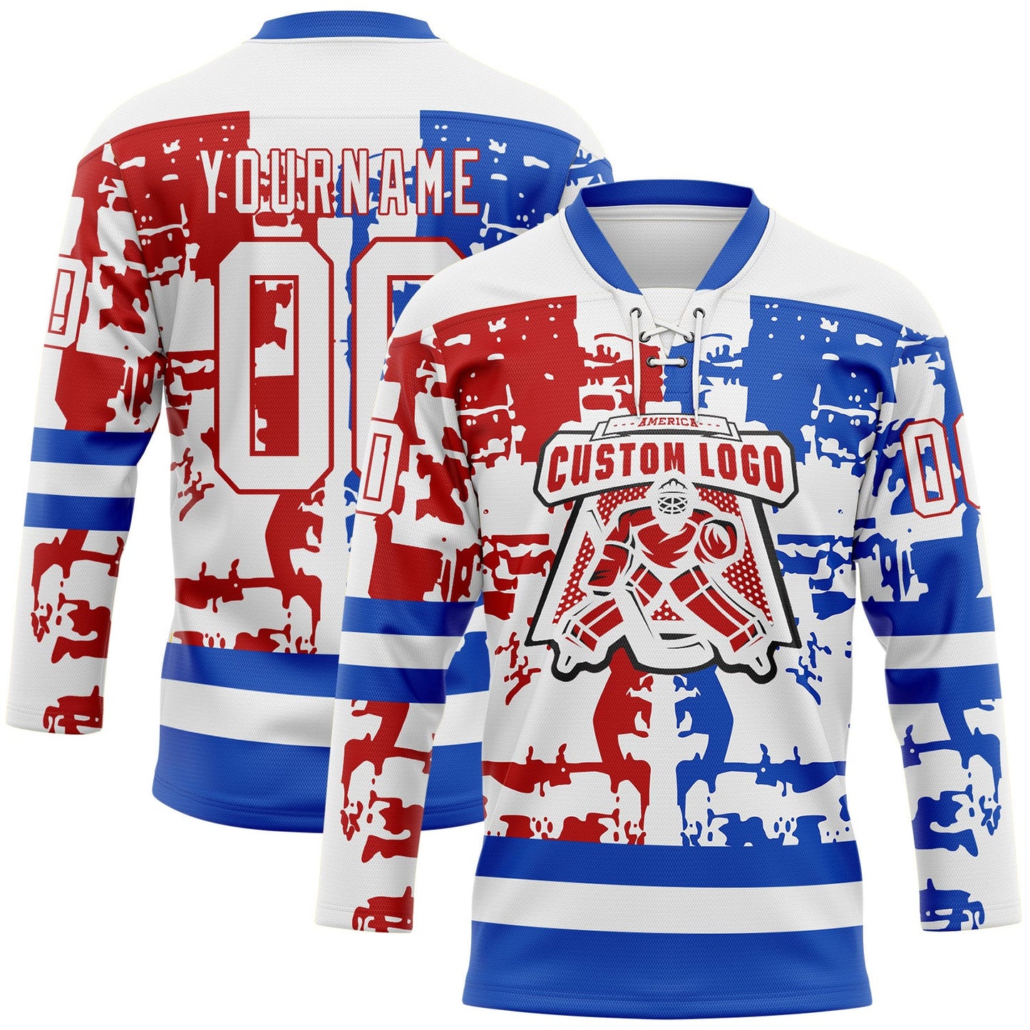 Custom White Thunder Blue-Red Abstract Splatter Paint Hockey Lace Neck Jersey view 2