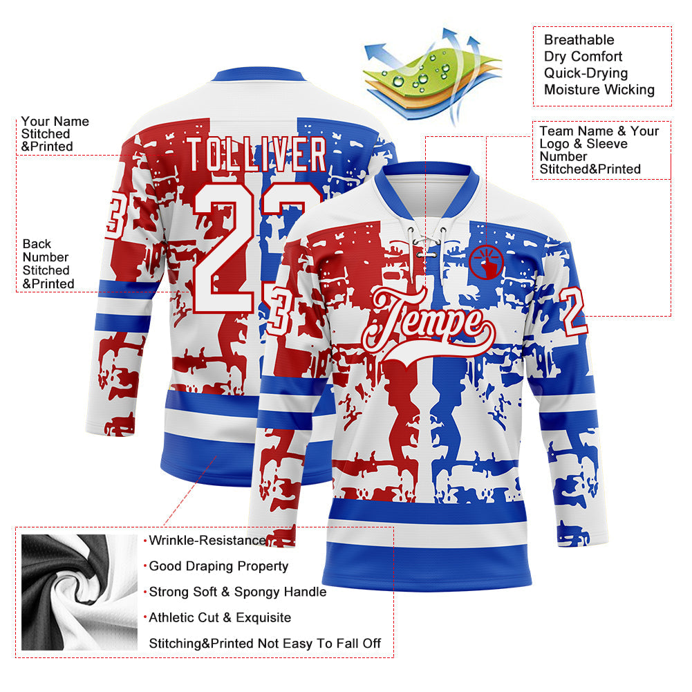 Custom White Thunder Blue-Red Abstract Splatter Paint Hockey Lace Neck Jersey view 5