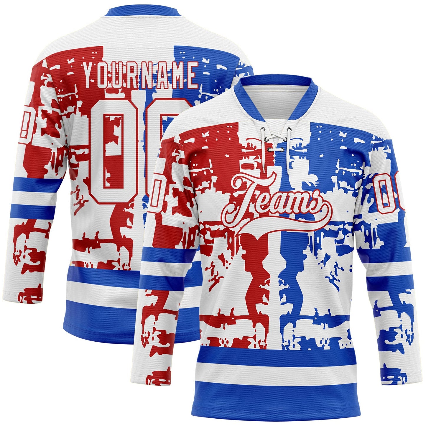 Custom White Thunder Blue-Red Abstract Splatter Paint Hockey Lace Neck Jersey - Main View