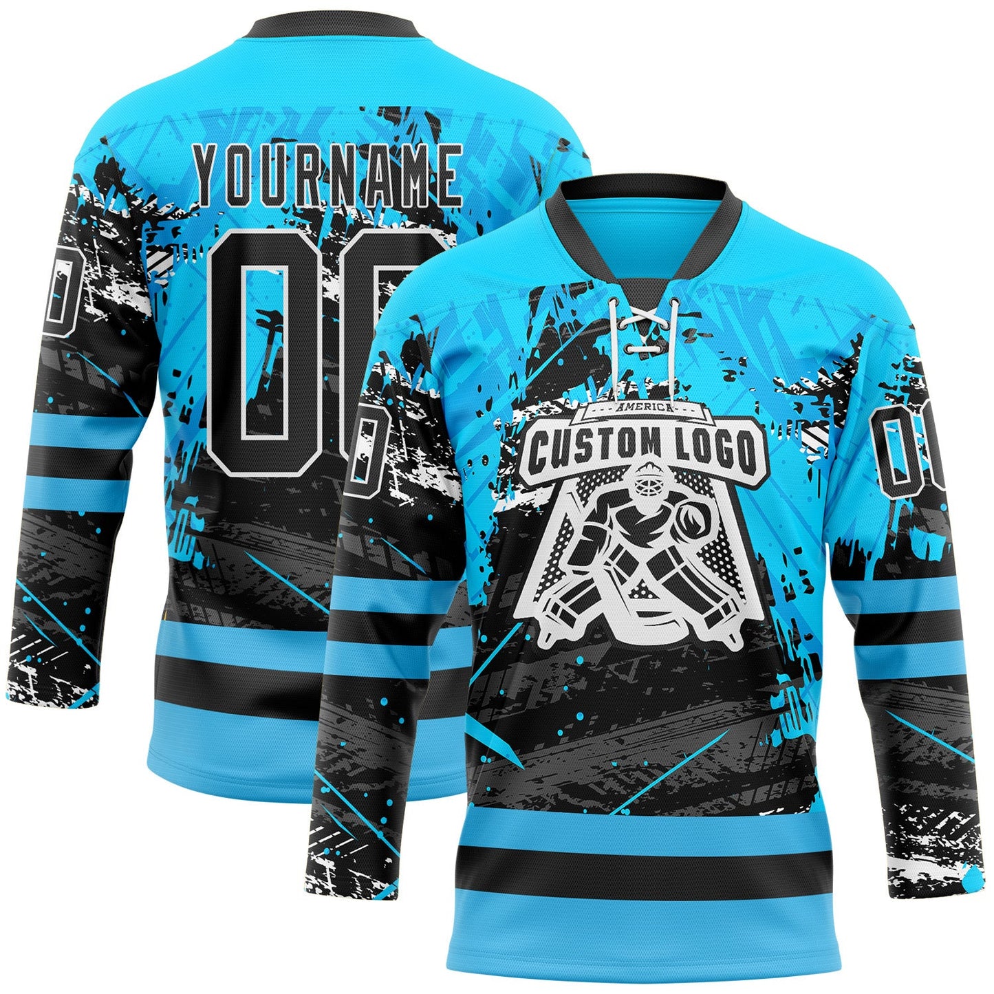 Custom Blue Black-White Abstract Splatter Paint Grunge Hockey Lace Neck Jersey view 2