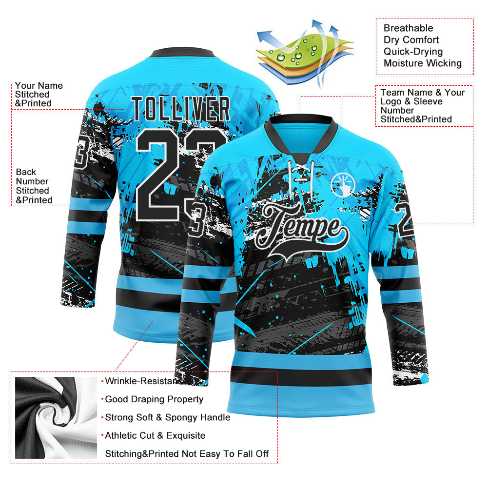 Custom Blue Black-White Abstract Splatter Paint Grunge Hockey Lace Neck Jersey view 5