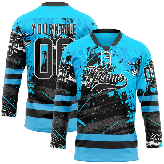 Custom Blue Black-White Abstract Splatter Paint Grunge Hockey Lace Neck Jersey - Main View