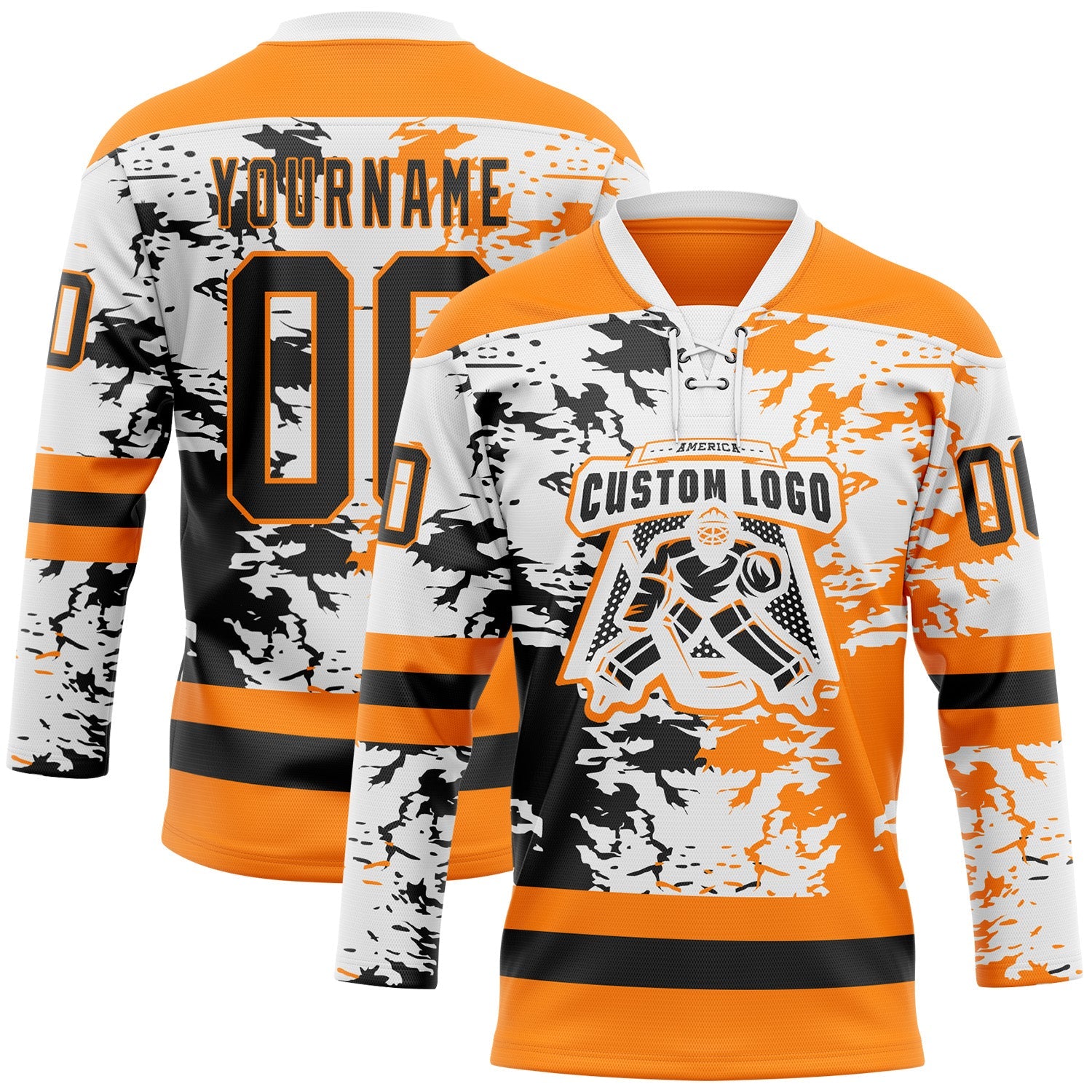 Custom Bay Orange Black-White Abstract Splatter Paint Hockey Lace Neck Jersey view 2