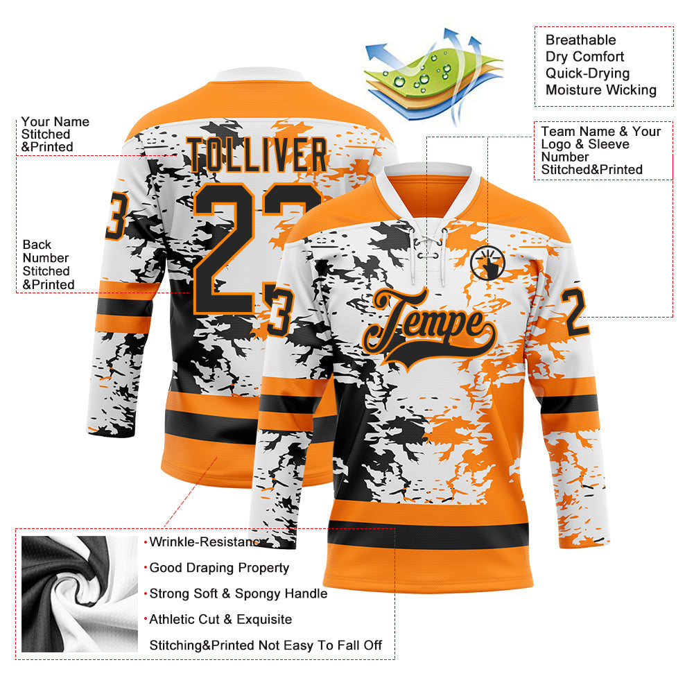 Custom Bay Orange Black-White Abstract Splatter Paint Hockey Lace Neck Jersey view 5