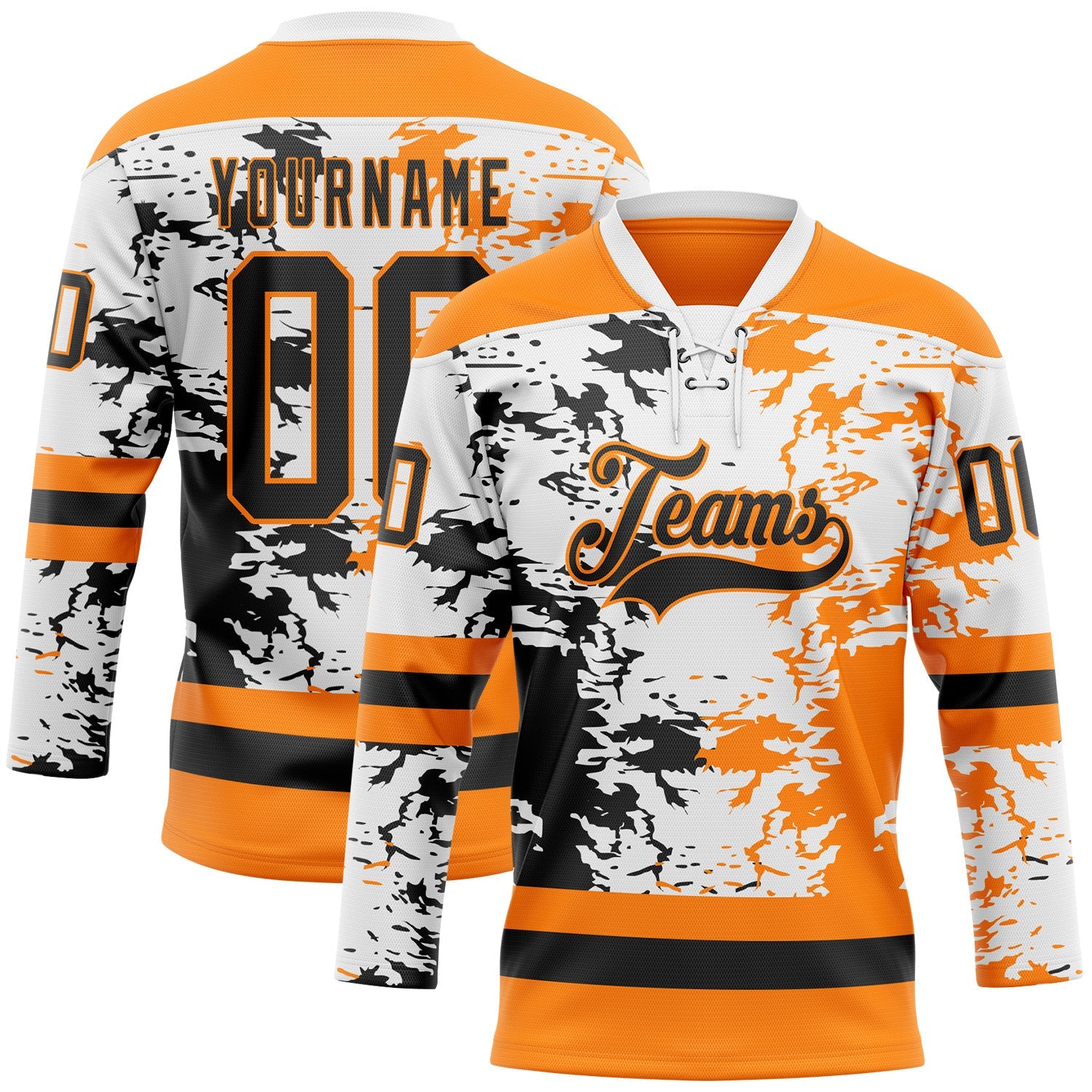 Custom Bay Orange Black-White Abstract Splatter Paint Hockey Lace Neck Jersey - Main View