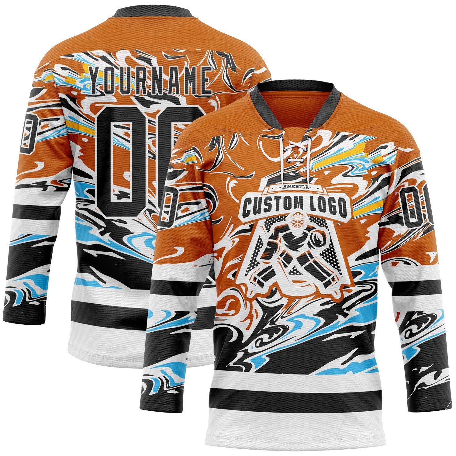 Custom Texas Orange Black Blue Yellow-White Abstract Splatter Paint Hockey Lace Neck Jersey view 2