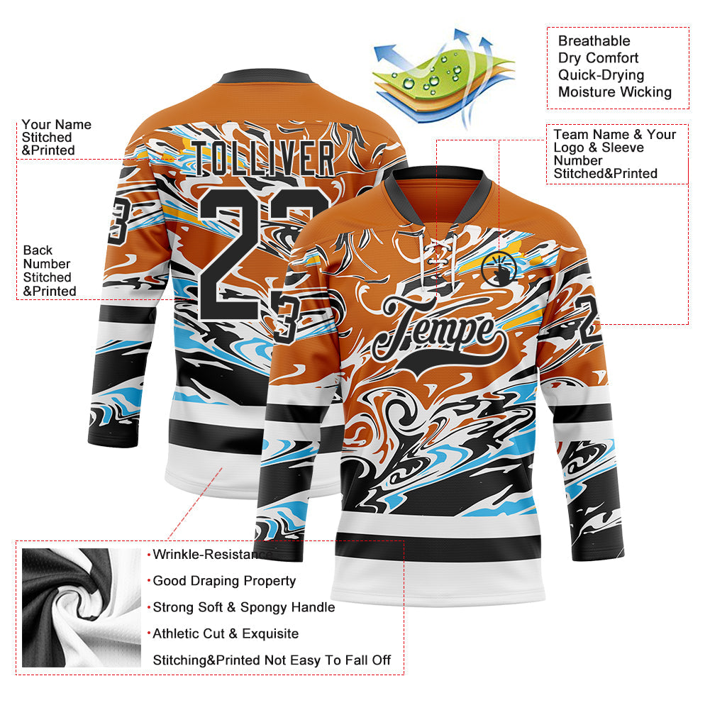 Custom Texas Orange Black Blue Yellow-White Abstract Splatter Paint Hockey Lace Neck Jersey view 5