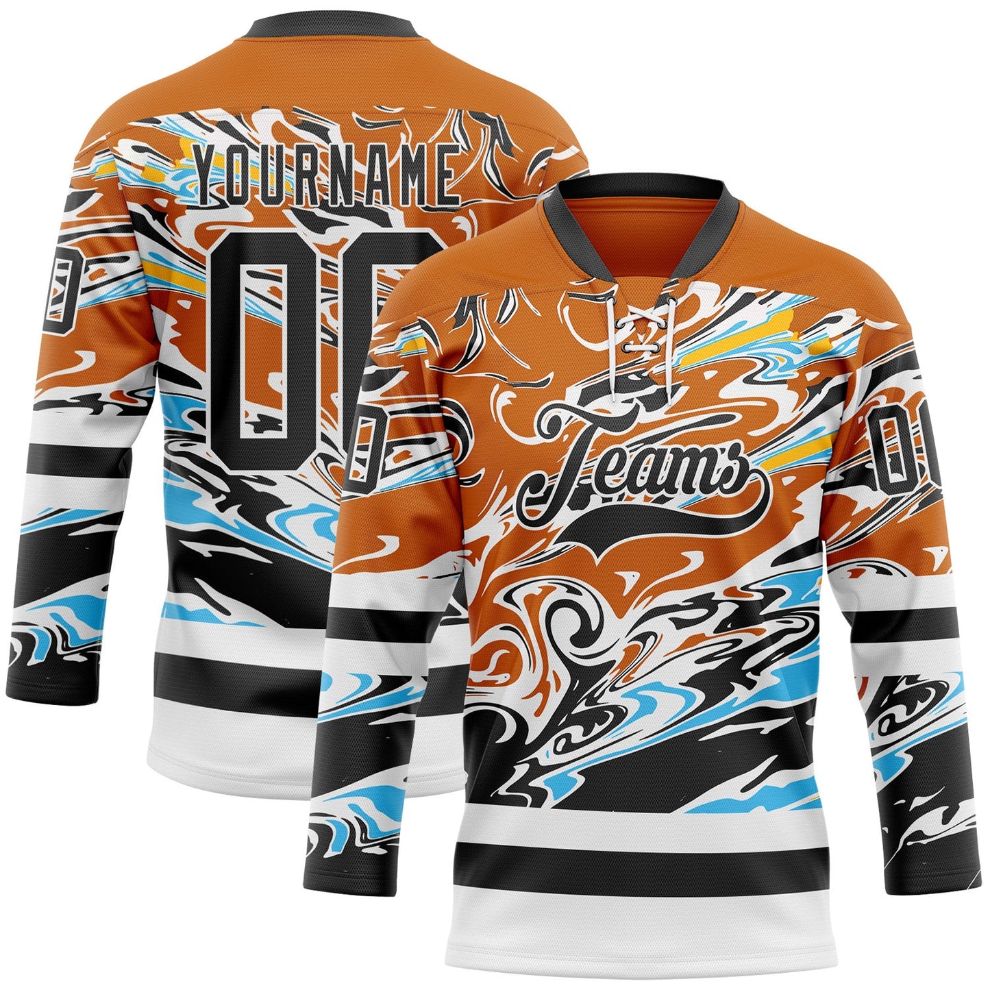 Custom Texas Orange Black Blue Yellow-White Abstract Splatter Paint Hockey Lace Neck Jersey - Main View