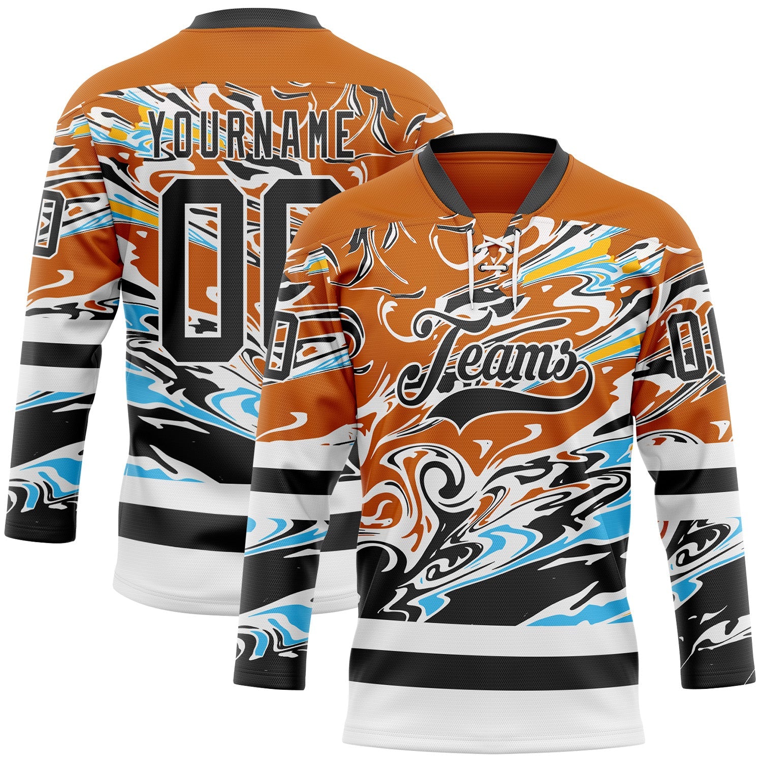 Custom Texas Orange Black Blue Yellow-White Abstract Splatter Paint Hockey Lace Neck Jersey - Main View