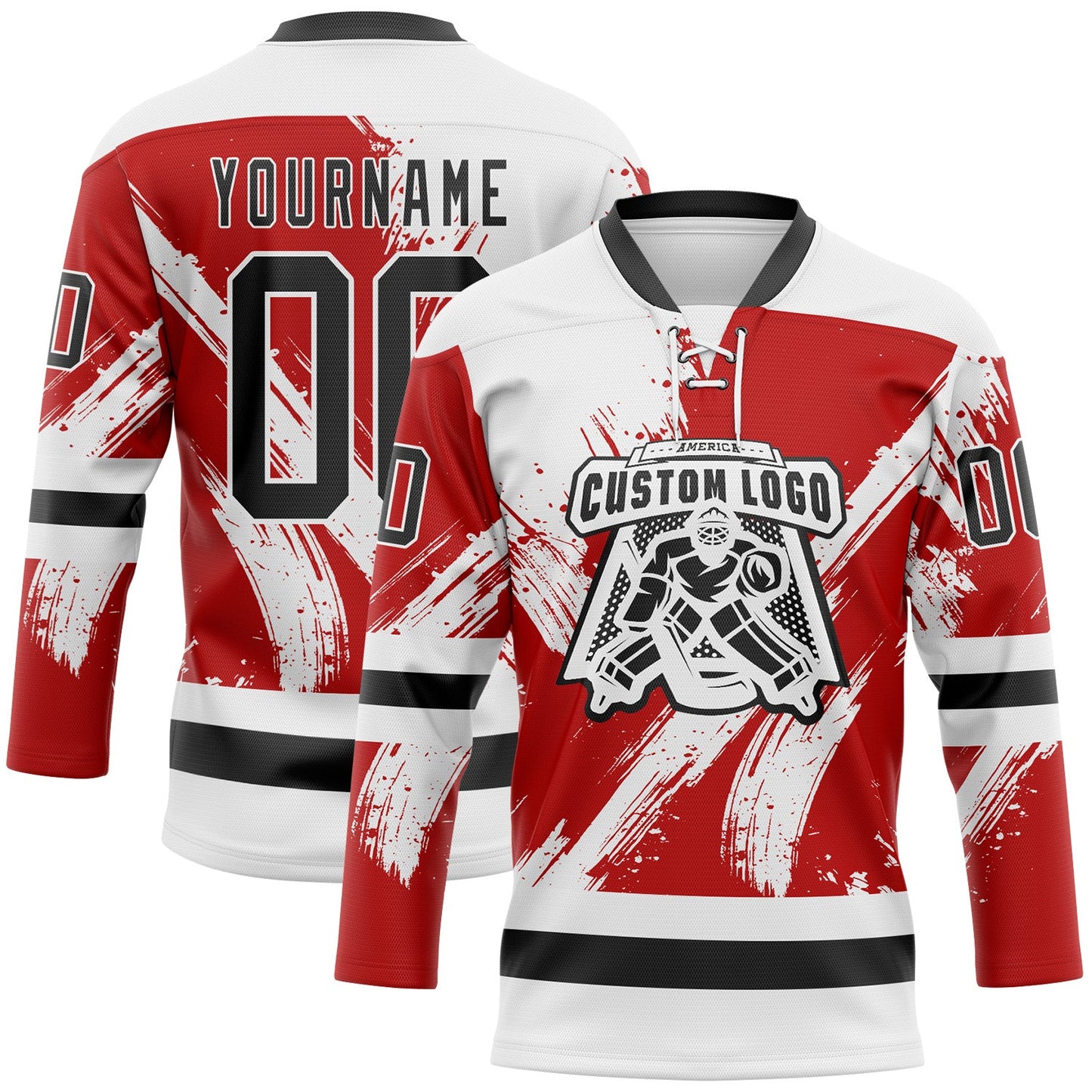 Custom White Black-Red Abstract Splatter Paint Hockey Lace Neck Jersey view 2